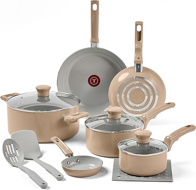 T-Fal Refresh Ceramic Nonstick Cookware Set, 12-Piece, Oven Safe to 350째F, Includes Stockpot, Griddle, Frying Pans, Utensils, Ceramic Pots and Pans Set, Sand Beige