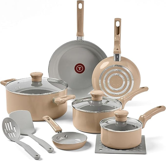 T-Fal Refresh Ceramic Nonstick Cookware Set, 12-Piece, Oven Safe to 350째F, Includes Stockpot, Griddle, Frying Pans, Utensils, Ceramic Pots and Pans Set, Sand Beige