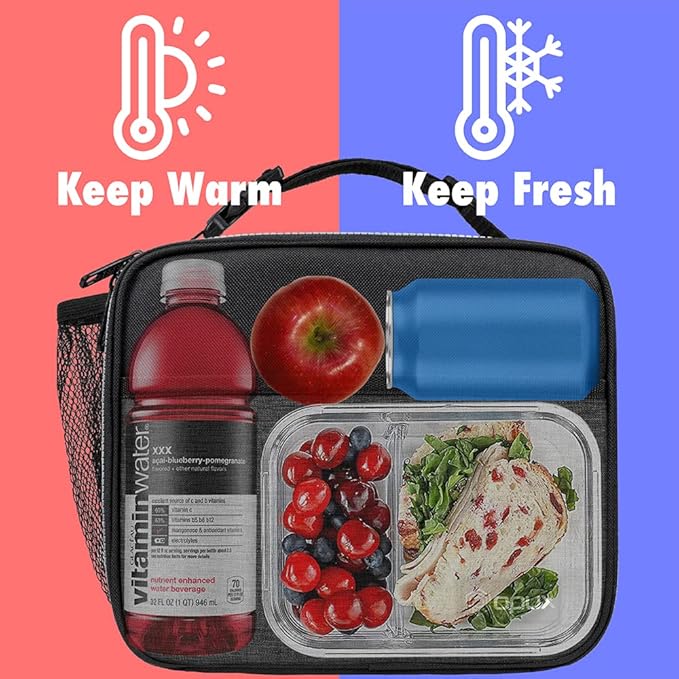 opux Insulated Lunch Bag Kids, Lunch Box for School Boy Girl, Leakproof Small Reusable Compact Soft Mini Cooler Bag, Toddler Small Lunch Boxes Kit Pail with Front Side Pockets (Charcoal)