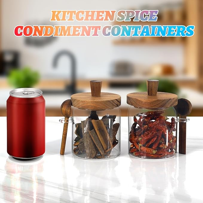 Small Glass Storage Jar with Lids Spoon Coffee Ground Canister Glass Food Containers Jar for Spice Nut Pasta Sugar Candy Rice Tea (400ml/13.5oz-2 pcs-with spoon)