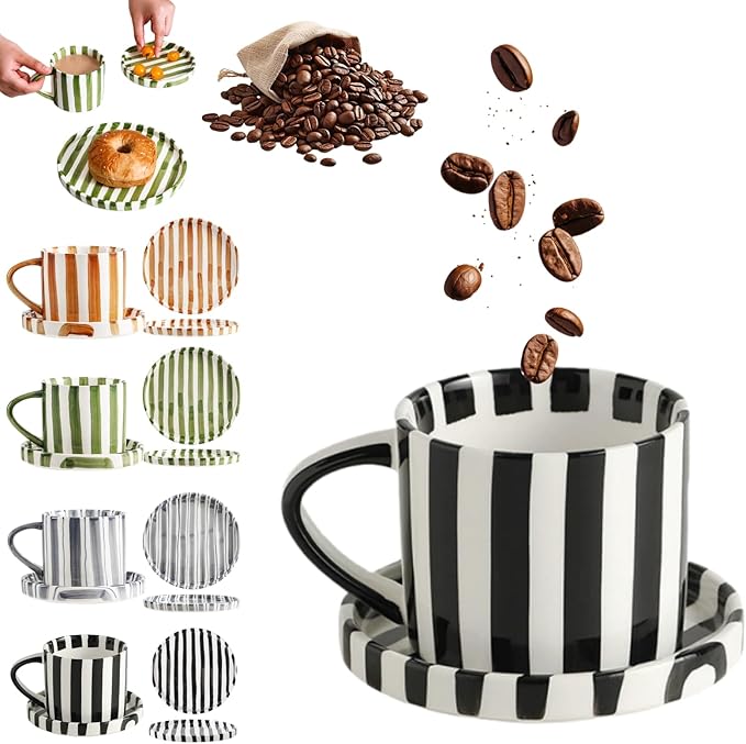 Retro Striped Hand-Painted Ceramic Mark Hand-Held Cup, Retro Striped Ceramic Coffee Mug, 9 oz Hand-Painted Stripeds Ceramics Coffee Mug with Cups, Saucers and Plates (Black)