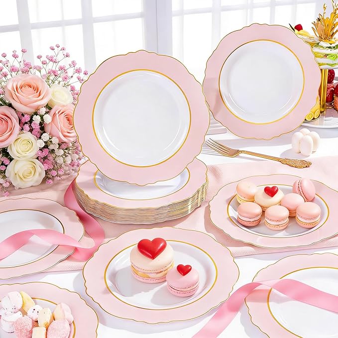 WDF 60pcs Pink Dessert Plates - 7.5inch Baroque Pink &White Disposable Dessert/Appetizer Small Cute Cake Plates for Upscale Parties &Wedding-Special for Bridal Shower, Brithday, Valentine's Day