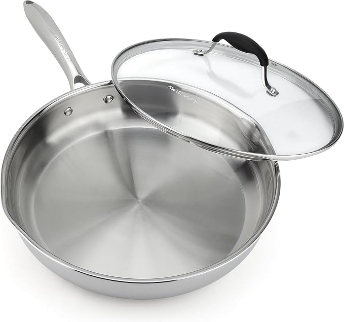 AVACRAFT 10 Inch Tri-Ply Stainless Steel Frying Pan with Lid, Side Spouts, Induction Pan, Versatile Stainless Steel Skillet, Fry Pan in our Pots and Pans (Tri-Ply Stainless steel,10 Inch)