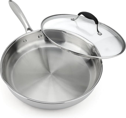 AVACRAFT 10 Inch Tri-Ply Stainless Steel Frying Pan with Lid, Side Spouts, Induction Pan, Versatile Stainless Steel Skillet, Fry Pan in our Pots and Pans (Tri-Ply Stainless steel,10 Inch)