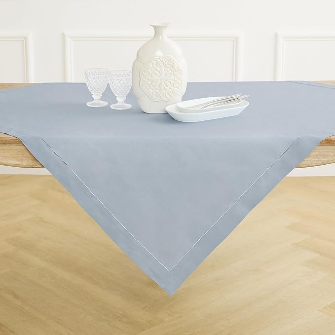 Solino Home Linen Tablecloth 52 x 52 Inch - 100% Pure Linen Dusty Blue Square Tablecloth - Classic Hemstitch, Machine Washable Table Throw for Winter, Spring, Easter