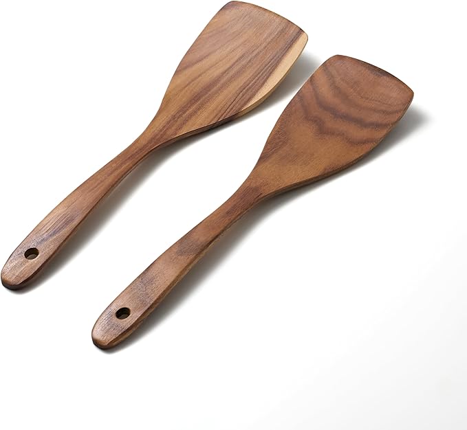 Wooden Spatula for Cooking - Wooden Spoons for Cooking - 12.5 Inch Teak Spatulas for Nonstick Pans - Wood Cooking Utensils - Wood Kitchen Utensils Set of 2 - Bamboo Spatulas - Wooden Turner Spatula