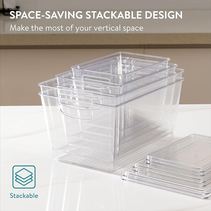Navaris Fridge Storage Containers with Lids - Stackable Space-Saving Organizers - Large Capacity for Kitchen Pantry Organization - Set of 6 (1.7QT/3QT/4.9QT - 1.65L/2.85L/4.6L)