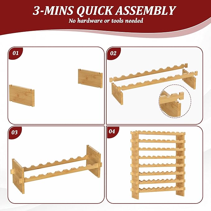 VASMIA Bamboo Stackable Wine Rack,72 Bottles Wine Rack Freestanding Floor,No Tools Assembly,8-Tier Display Wine Storage Shelf for Kitchen, Bar, Dining Room,Cellar,Natural