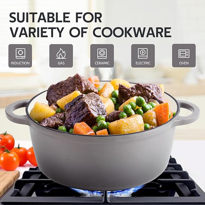 3 Quart Dutch Oven Enameled Cast Iron with Lid - Big Dual Handles - Oven Safe up to 500째F - Classic Round Pot for Versatile Cooking Light Gray
