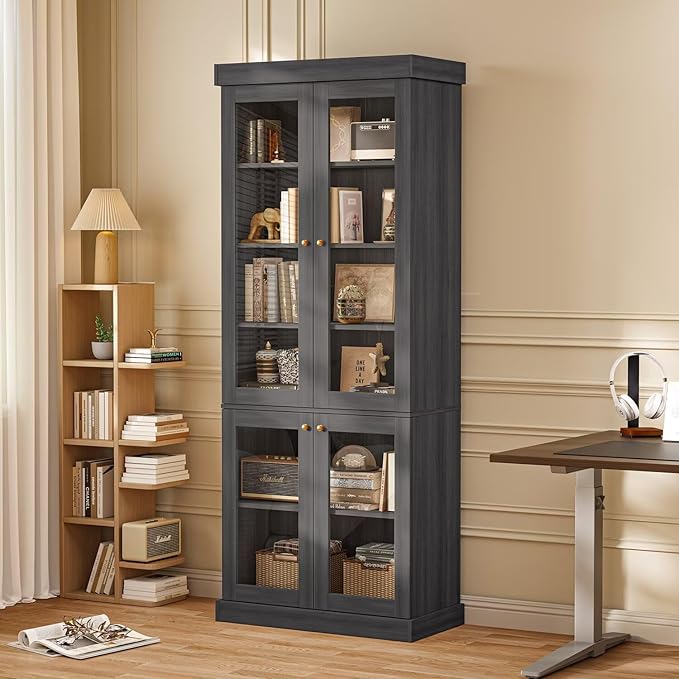 Vyre 70.8" Bookshelf with Glass Doors, Farmhouse Modular Bookcase with 6-Tier Adjustable Shelves, Large Storage Cabinet for Living Room & Home Office, Set of 4, Black