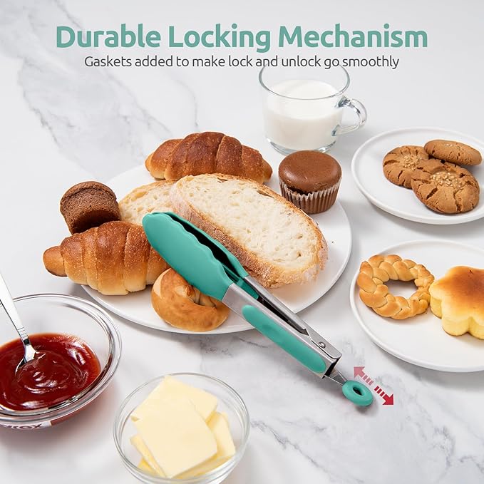 600쨘F Heat Resistant Kitchen Tong: U-Taste 7in Silicone Cooking Tong with Firm Sealed Non Stick Rubber Tips & Silicon Coated 18/8 Stainless Steel Handle & Smooth Locking for Serving Salad (Aqua Sky)