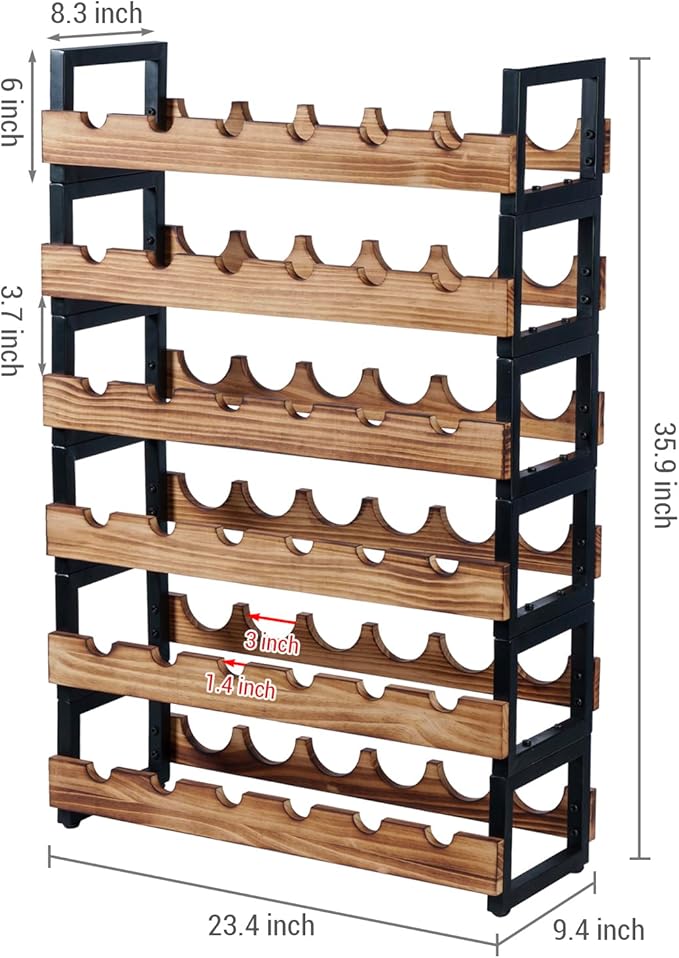 MyGift 6-Tier Wine Rack for 36 Bottles ??Freestanding Industrial Wine Bottle Holder with Burnt Wood Shelves & Black Metal Frame ??Large Horizontal Storage Stand for Home Bar, Kitchen, Cellar