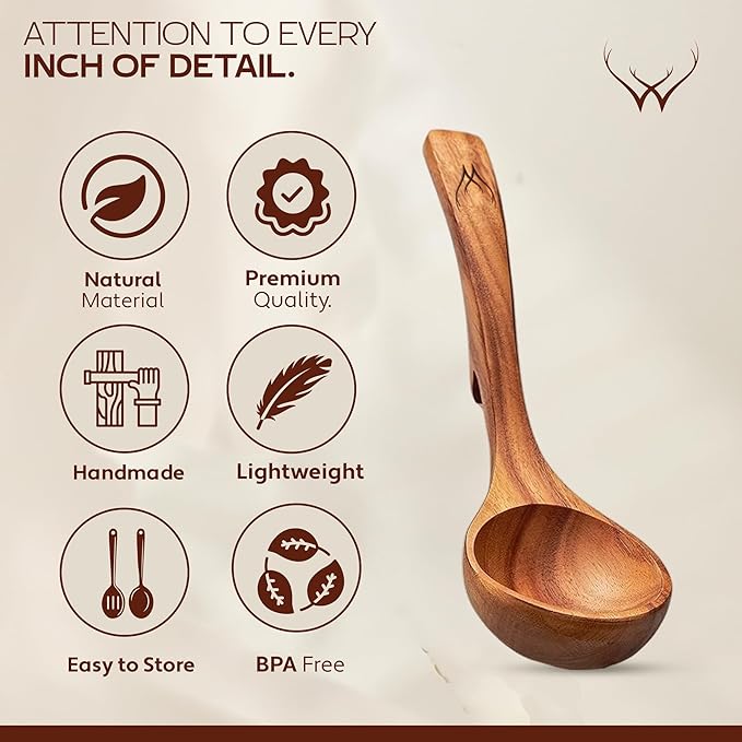 Wooden Ladle Set of 3 Sizes ??Teak Wood Soup Spoons with Hook Handles for Cooking, Serving, Stirring ??Non-Stick Wooden Spoons for Pot & Bowl Use