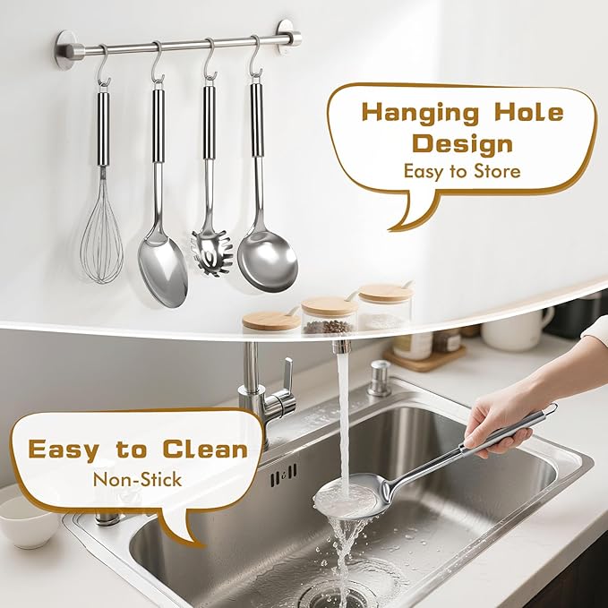10 Pcs Cooking Utensils Set, Stainless Steel Kitchen Utensils, Heat Resistant Metal Kitchen Tools Include Solid & Slotted Spatula, Spoon, Ladle, Pasta Server,Potato Maseher,Egg Whisk,Meat Fork, Silver