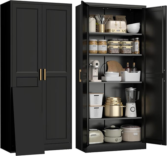 71" Kitchen Pantry Cabinet, Pantry Storage Cabinet with Doors and 4 Shelves, Metal Storage Cabinets for Kitchens, Living Room, Dinning Room, Assembly Required, Black