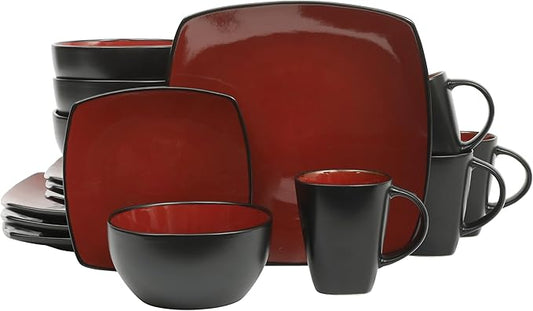 Gibson Elite Soho Lounge Square 16-Piece Dinnerware Set, Service for 4, Reactive Glaze Stoneware Plates and Bowls, Modern Dishes, Microwave & Dishwasher Safe ??Red and Black