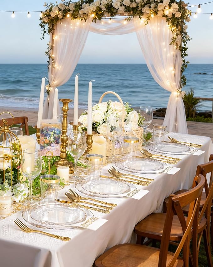 YOUBET 700PCS Clear Gold Plastic Plates - Elegant Gold Plastic Dinnerware Set Include 200 Disposable Plates, 300 Heavy Duty Silverware, 100 Cups, 100 Napkins for Wedding Party