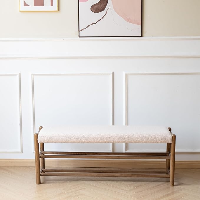 XINNAN Solid Wood Entryway Bench with Shoe Storage, Rustic Oak Wood and Sherpa Fabric 45 Inch Long Seating for Living and Dining Rooms, 3-Tier White