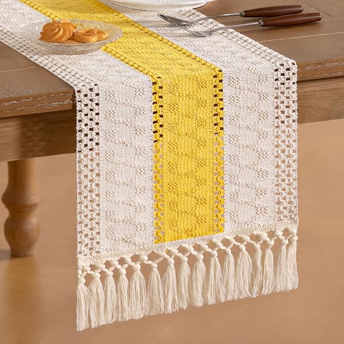 Socomi Boho Table Runner Macrame Valentine's Day Farmhouse Woven Cotton Linen Rustic Coffee Table Runner with Tassels for Dresser Scarf Home Decor Dining Room 12x90 inYellow Gold Ivory