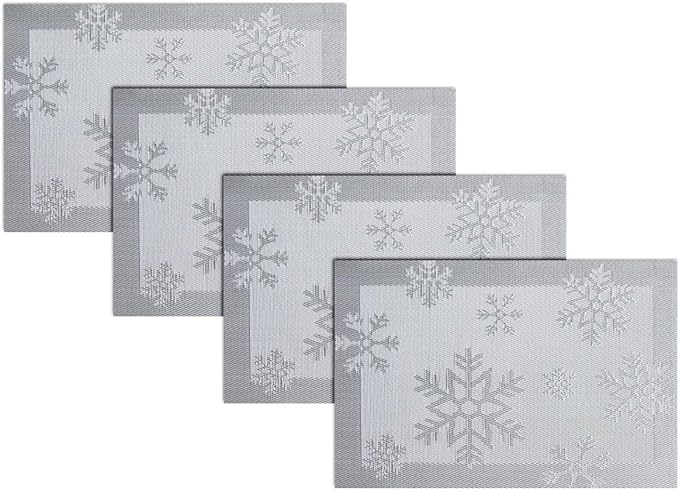 PIGCHCY Christmas Placemats Snowflake Woven Heat Resistant Placemats Washable Easy to Clean Table Mats for Dining Room and Decor(Set of 4, Silver)