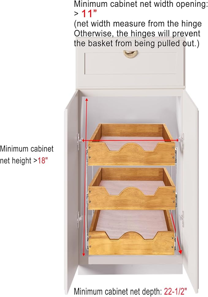 DINDON 3 Tier Pull Out Cabinet Organizer 11??W X21??D Slide Out Wood Drawer With Shelf Liner For Kitchen Pantry Organization