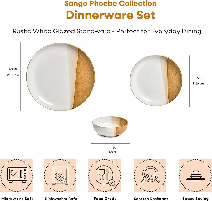 Sango Phoebe 12-Piece Multicolor Stoneware Dinnerware Set ??Service for 4, Plate & Bowl Set, Caramel Stoneware with a Rustic White Glaze, for Daily Dining & Entertainment, Microwave & Dishwasher Safe