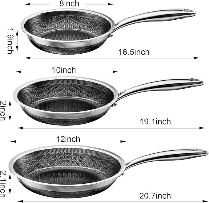 Fogdream 8"10"12" Non Stick Frying Pans, Stainless Steel Skillet with Lid, Tri-Ply Stainless Steel for All Cooktops, Dishwasher and Oven-Safe Cooking Pan, Stay-Cool Handle, Silver