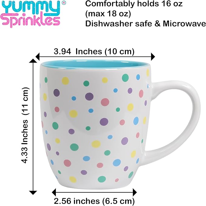 Poppy Blue Cute Coffee Mug with Pastel Confetti Sprinkles | Birthday Cake Coffee Cup Gift | Large White Ceramic Cup | Ice cream and Dunkin Donuts Coffee Mugs