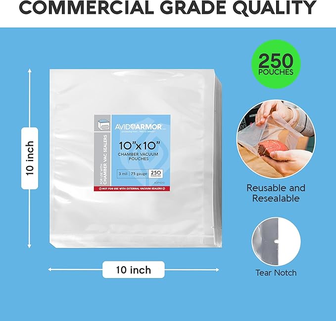 Avid Armor Chamber Vacuum Sealer Bags ??Heavy Duty, BPA-Free, Pre-Cut Chamber Vacuum Bags for Food Preservation, Freezer Storage, Sous Vide and more, 250/Pack (10x10) ??Multi-Use Vacuum Bags