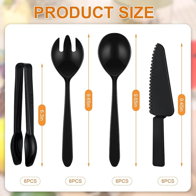 24 Pcs Disposable Plastic Serving Utensils Set 6 Each 9.7" Serving Spoons Forks 9.5" Knife and 6.3" Tongs for Christmas Family Gatherings Food Cake Birthday Party Buffet Cutlery(Black)