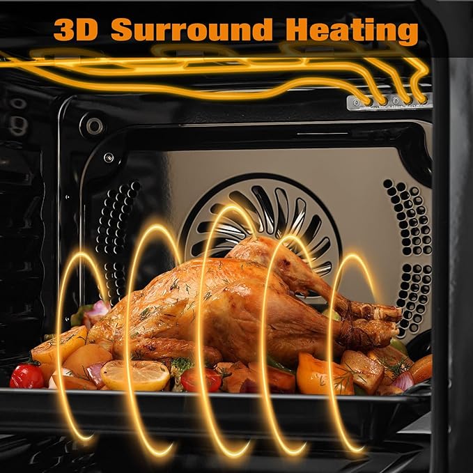 24" Built-in Single Wall Oven, 2.5 Cu.Ft (70L) Capacity - Electric Oven with Steam Bake, Air Fry & 3D Convection, Touch Controls, Timer, Safety Lock, Triple-Layer Glass Door, 3000W 240V, Black