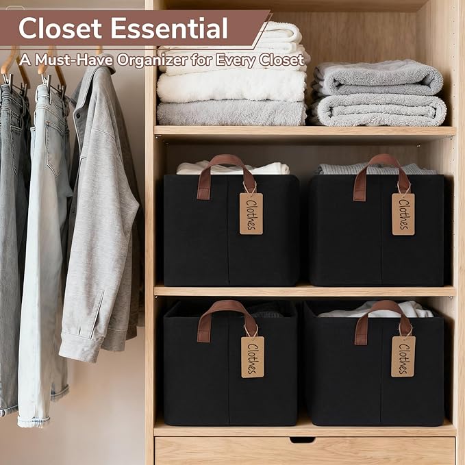 CHICVITA 4 Pack Large Storage Baskets for Shelves, Collapsible Shelf Baskets for Organizing, Fabric Closet Organizers and Storage Bins with Metal Frame, 16.8" x 11" x 9.8", Black