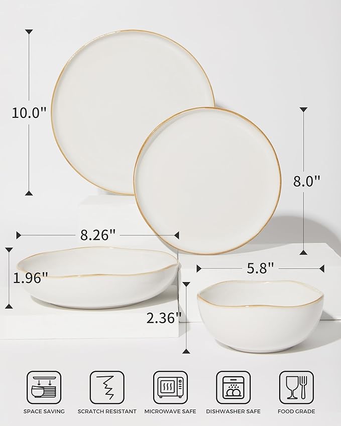 32 Piece White Dinnerware Set with Pasta Bowls, Reactive Glaze Stoneware for 8 | Perfect for Multi?멌ourse Dinners, Hosting Large Groups, Holiday Serving Needs