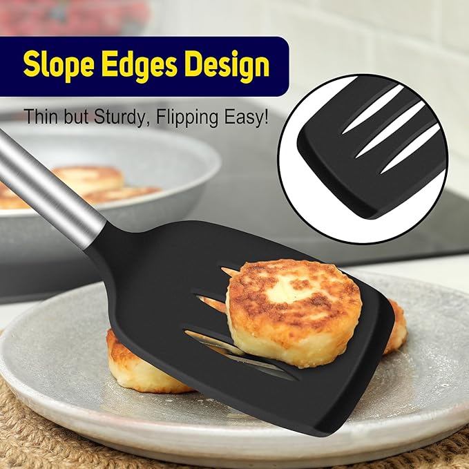 HOTEC Silicone Spatula Set of 2 Heat-Resistant 600째F & BPA-Free Kitchen SaptulaTurner with Stainless Steel Handles, Slotted & Solid Spatulas for Nonstick Cookware, 13.7 Inch, Black
