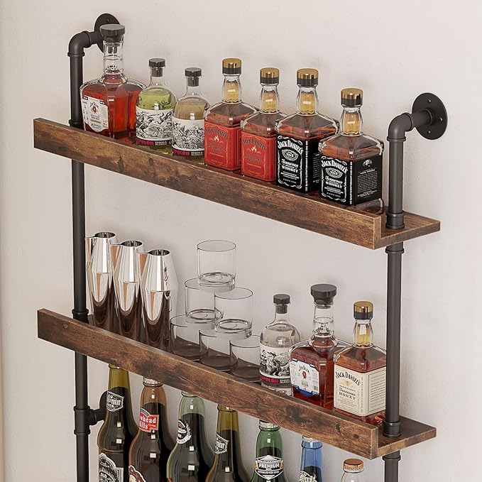 5-Tier Wall Mounted Wine Rack, Floating Bar Shelves, Liquor Bottle Shelf Display, Rustic Industrial Bar Shelf for Home Bar Dining Room Kitchen (23.6" W x 79" H x 8.6" D)