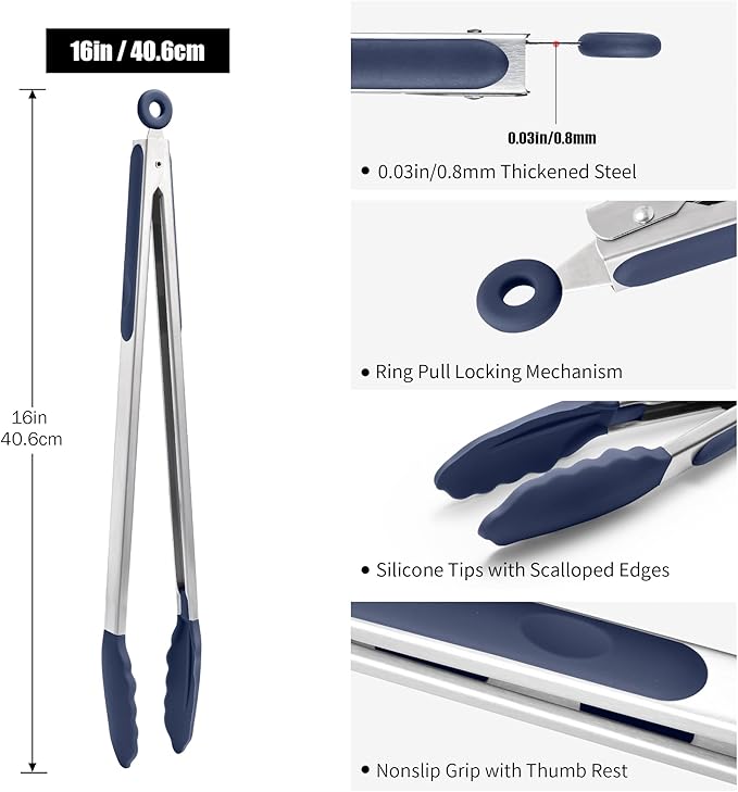 Doosu Kitchen Tongs for Cooking - 600째F Heat Resistant Food Tong with Non-Scratch Silicone Tips, Heavy Duty Stainless Steel Locking Tong for BBQ, Grilling Steak, Serving Salad Pasta (16in, Navy Blue)