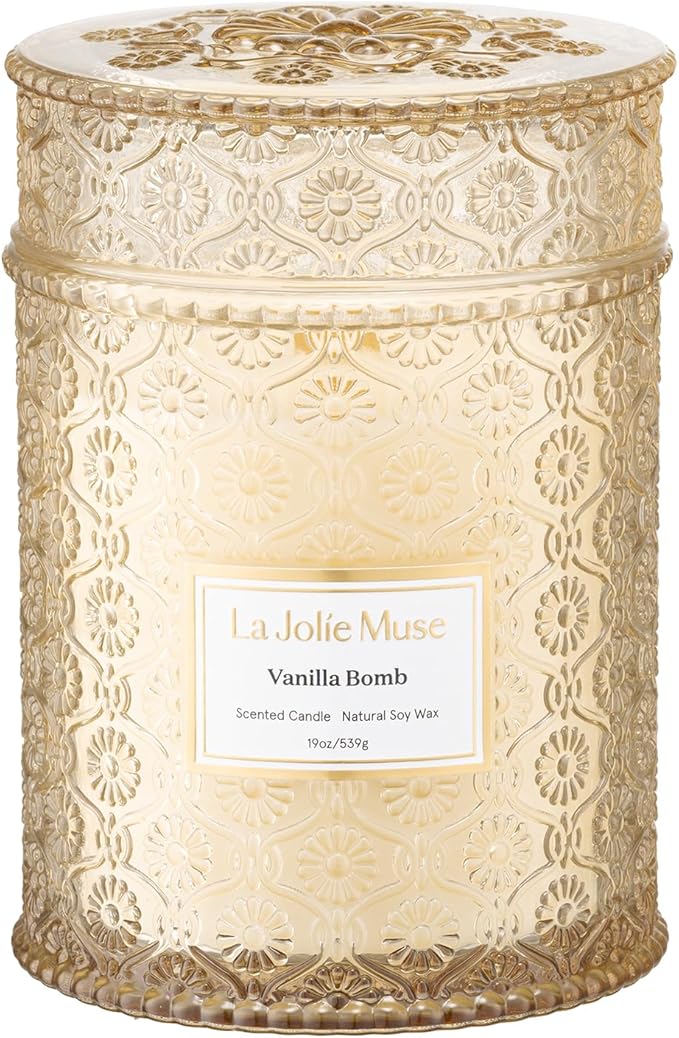 LA JOLIE MUSE Vanilla Bomb Candle| Vanilla, Lemon Zest & Patchouli |19 oz Large Wooden Wick | Natural Soy Wax | 90 Hours Clean Burn | Gift-Ready for Hosts | Seasonal Home D챕cor