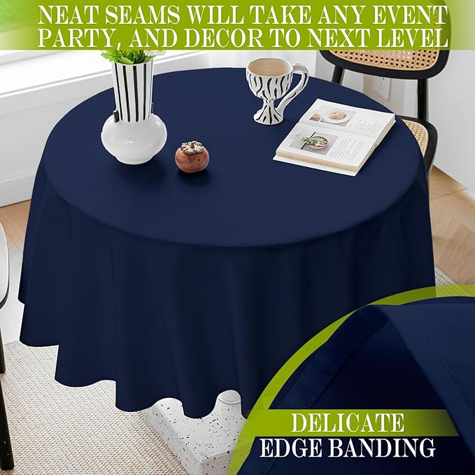 BYDOLL Table Cloth 60 Inch Round Tablecloth Fits Max50 Inch Diameter Table Top,Navy Blue Polyester Washable Wrinkle-Free Spillproof Tablecloth for Party Patio Cover