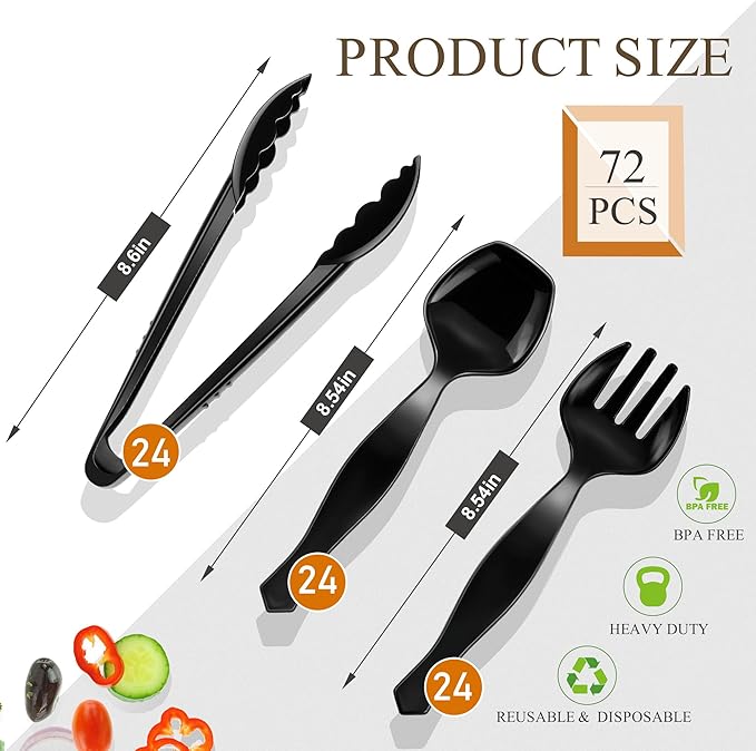 Mwellewm 72Pcs Plastic Serving Utensils Set 9'' Large Disposable Serving Spoons Forks and Tongs for Serving Food Heavy Duty Black Party Utensil Supplies for Buffet Restaurant Picnic Dinner Salad Soup