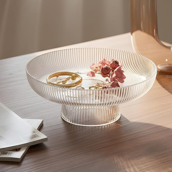 Large Glass Fruit Bowl for Kitchen Counter Decorative Centerpiece Bowl for Table Home D챕co, Clear Ribbed