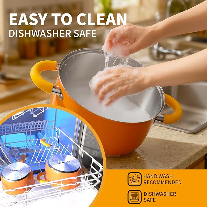 Pots and Pans Set, Stainless Steel Orange Cookware Set of 6, 4 3 QT Steamer Pot Frying Pan, Compatible with All Stovetops, Gift for Kitchen Decor