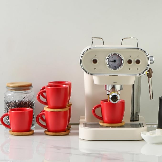 HASENSE Cappuccino Cups with saucers, 6 Ounce Ceramic Coffee Mugs Set of 6 Perfect for Espresso, Specialty Coffee Drinks, Latte, Cafe Mocha and Tea, Red