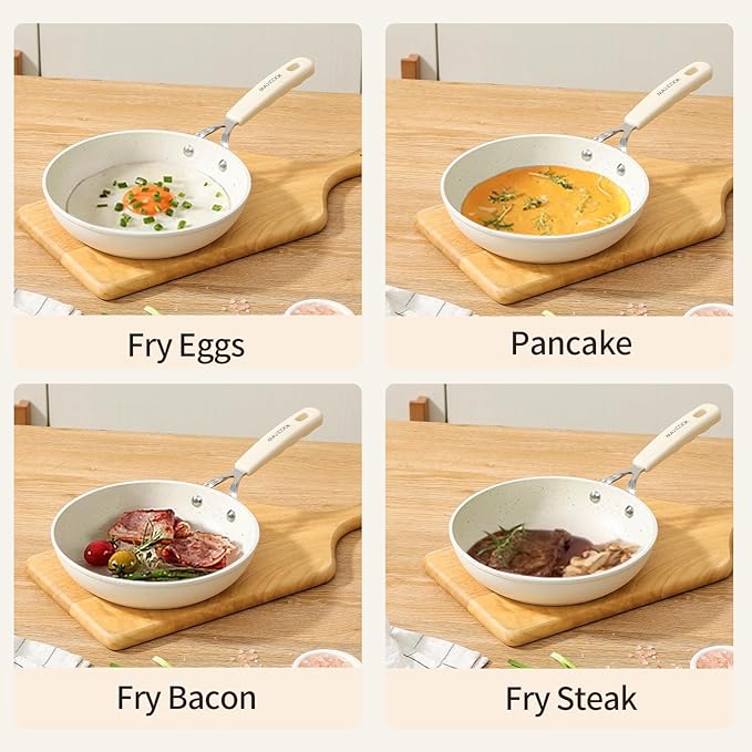 Mini Nonstick Egg Pan, 6.3 Inch Omelet Pan, Small Single Serve Egg Nonstick Skillet, Medical Stone Coating Cookware with Heat-Resistant Handle (16 cm, White)