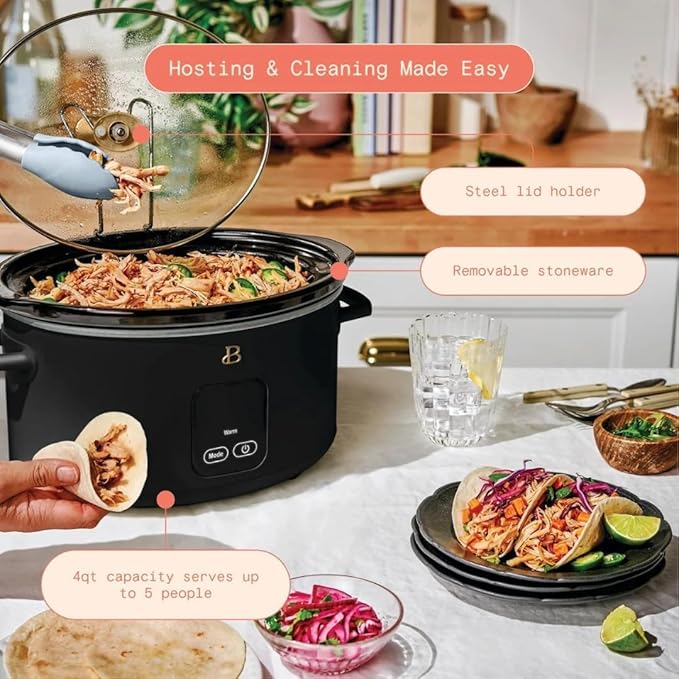 Beautiful 4-Quart Slow Cooker with Touch-Activated Display, Programmable Digital Controls, Removable Non-Stick Pot, Keep Warm Function