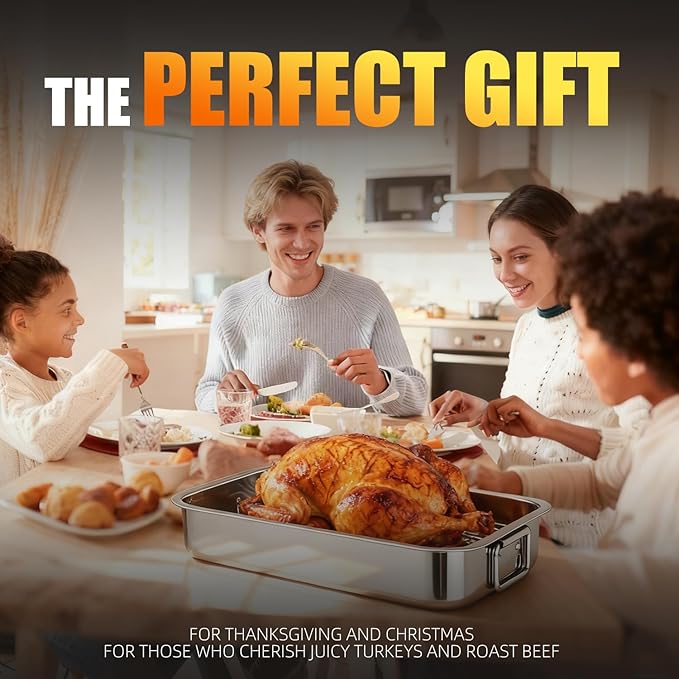 Stainless Steel Turkey Roasting Pan with Rack & Handles, Heavy Duty Food-Safe Turkey Pan Dishwasher Safe, Perfect for Cooking Turkey and Steak for Thanksgiving and Christmas (Extra Size)