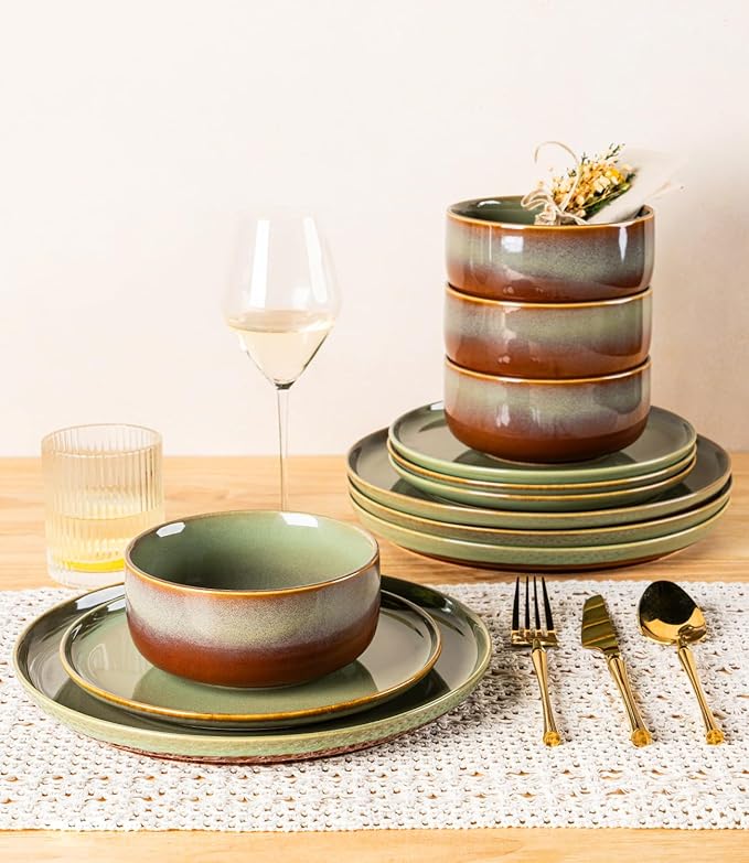 TheTerra Ceramic Dinnerware Sets, Handmade Reactive Glaze Plates and Bowls Set, Scratch Resistant Dish Set, Oven & Microwave & Dishwasher Safe, Service for 6, Sage Umber