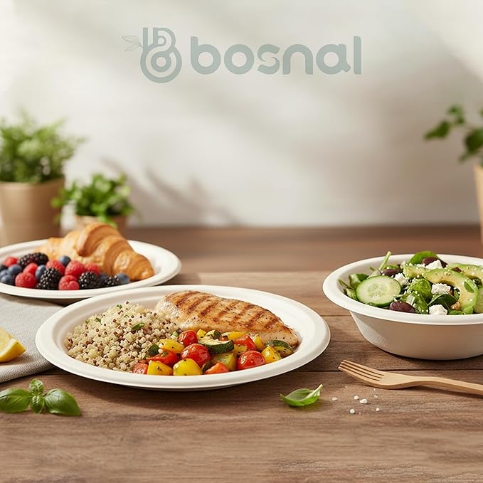 BOSNAL 10 inch & 7 inch Round Plates with 16 oz Bowls & Cutlery ??100% Plant-Based Sugarcane Bagasse, Eco-Friendly Disposable Dinnerware for Hot & Cold Meals, Microwave Safe, Durable & Compostable
