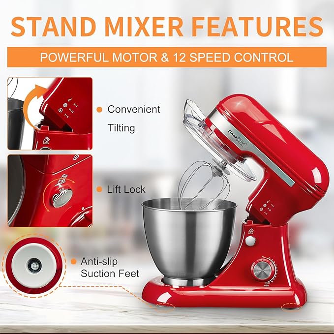 Geek Chef 3-IN-1 Stand Mixer, 4.8QT, 12 Speeds Tilt-head Food Mixer with Dough Hook, Whisk, Beater and Digital Scale with App, Red