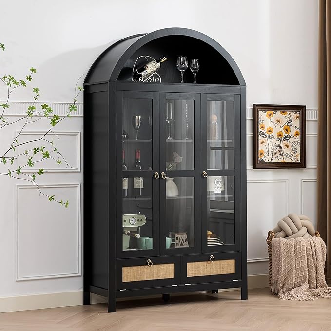 TYBOATLE 75 Inch Arched Cabinet Classic Farmhouse Design w/Three Glass Doors, Arch Cabinet w/Rattan Drawers and Anti-Tipping Device, Versatile Cupboard for Kitchen, Bathroom, Black