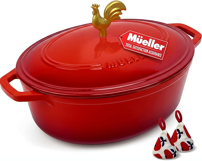 MUELLER HOME 5.5 Quart Enameled Cast Iron Oval Dutch Oven w Rooster Knob & Cotton Potholders, Heavy-Duty Cookware, Oven-Safe up to 500째 F & Across All Cooktops, Gifts for Grandma & Women, Red